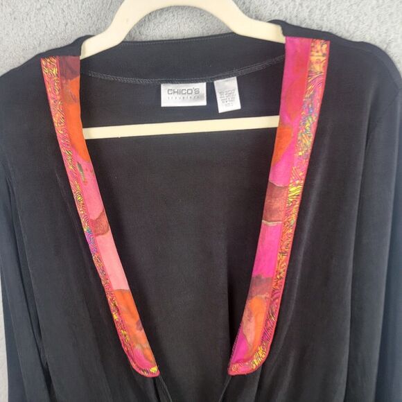 Chicos Travelers Black Tie Front Cardigan Size 0 Pink Silk Trim Stretch Knit - Picture 4 of 10